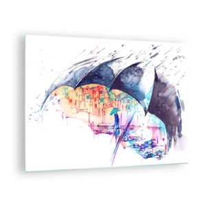 Impression sur verre - Image sur verre - Une ville colorée en arrière-plan sous un parapluie noir - 70x50cm - Se promener sous la pluie - Décoration murale moderne pour le salon et la chambre ARTTOR