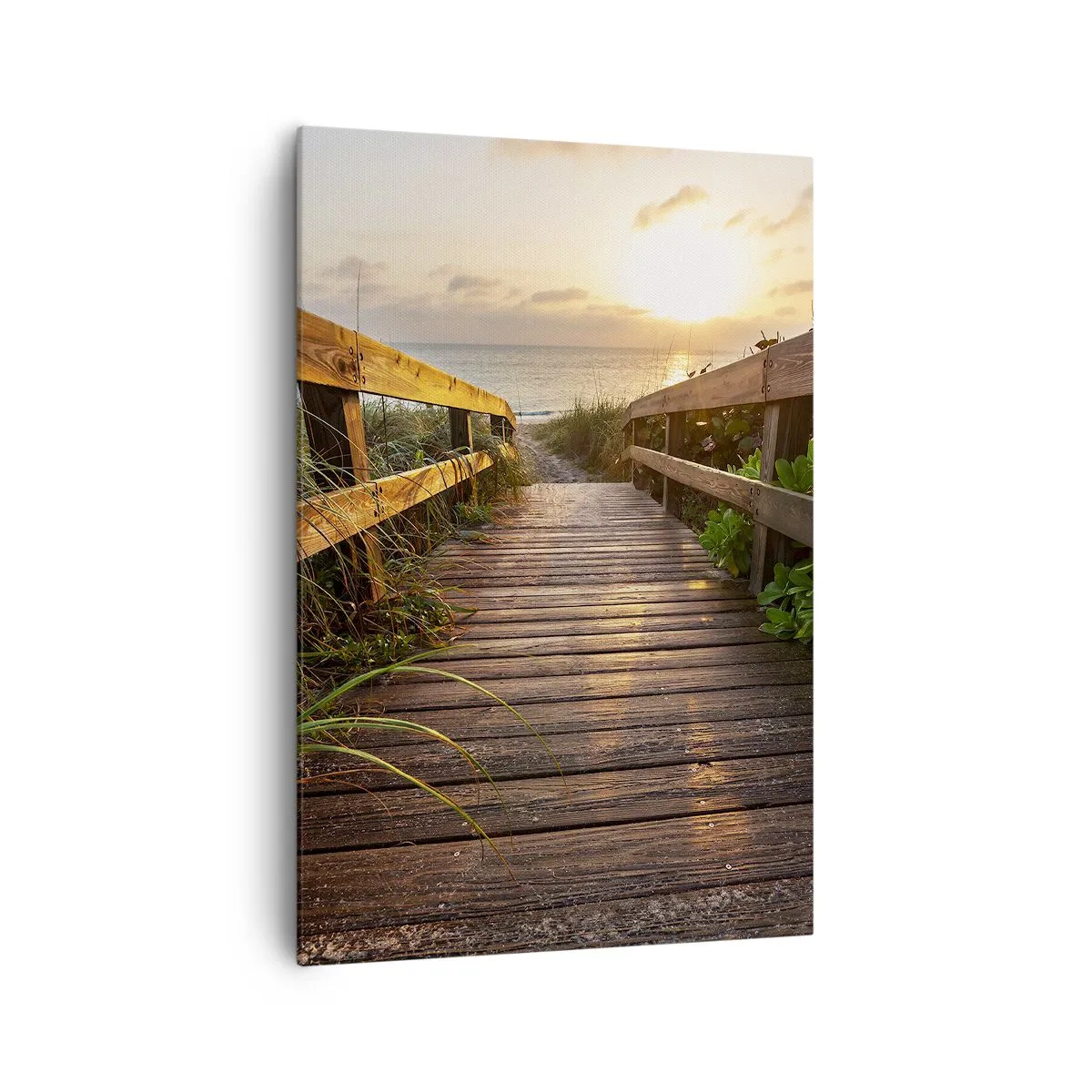Impression sur toile - Image sur toile - Jetée en bois menant à la plage au coucher du soleil - 70x100cm - Tout droit vers le rivage - Décoration murale moderne pour le salon et la chambre ARTTOR