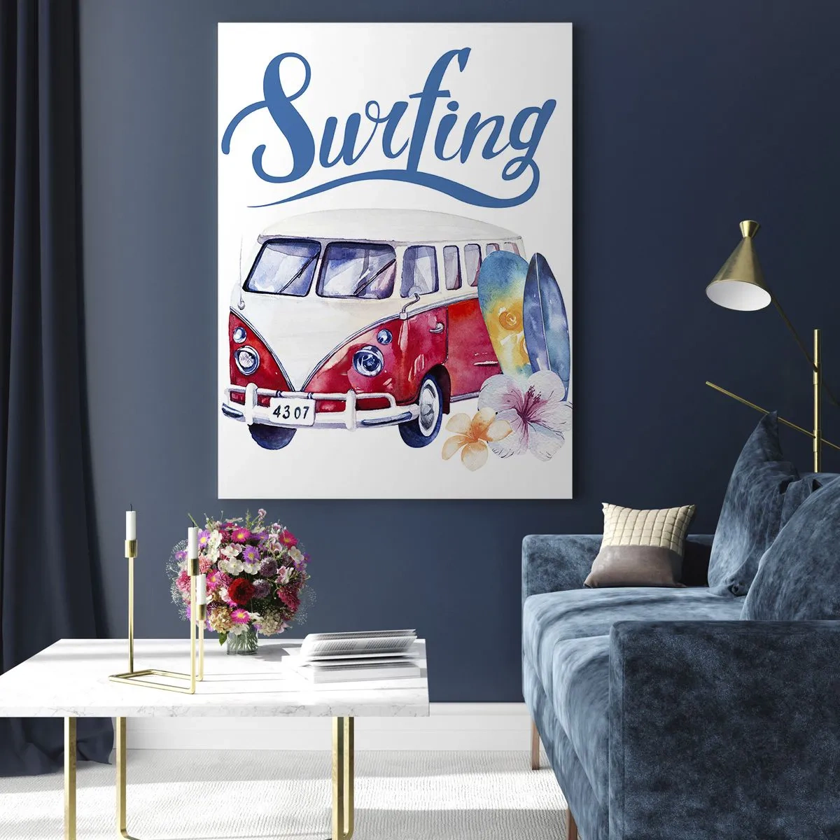 Impression sur verre - Image sur verre - Des graphismes colorés avec un thème de bus et de surf - 80x120cm - Concombre - un classique pour un surfeur - Décoration murale moderne pour le salon et la chambre ARTTOR