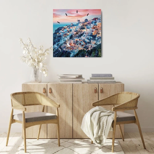 Horloge murale - Pendule murale - Santorin au coucher du soleil avec des bâtiments blancs sur la colline - 30x30cm - Vos grandes vacances en Grèce - Décoration murale moderne pour le salon et la chambre ARTTOR