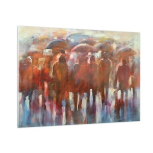 Impression sur verre - Image sur verre - Une foule de personnes avec des parapluies dans une abstraction artistique - 100x70cm - Identiques sous la pluie et dans le brouillard - Décoration murale moderne pour le salon et la chambre ARTTOR