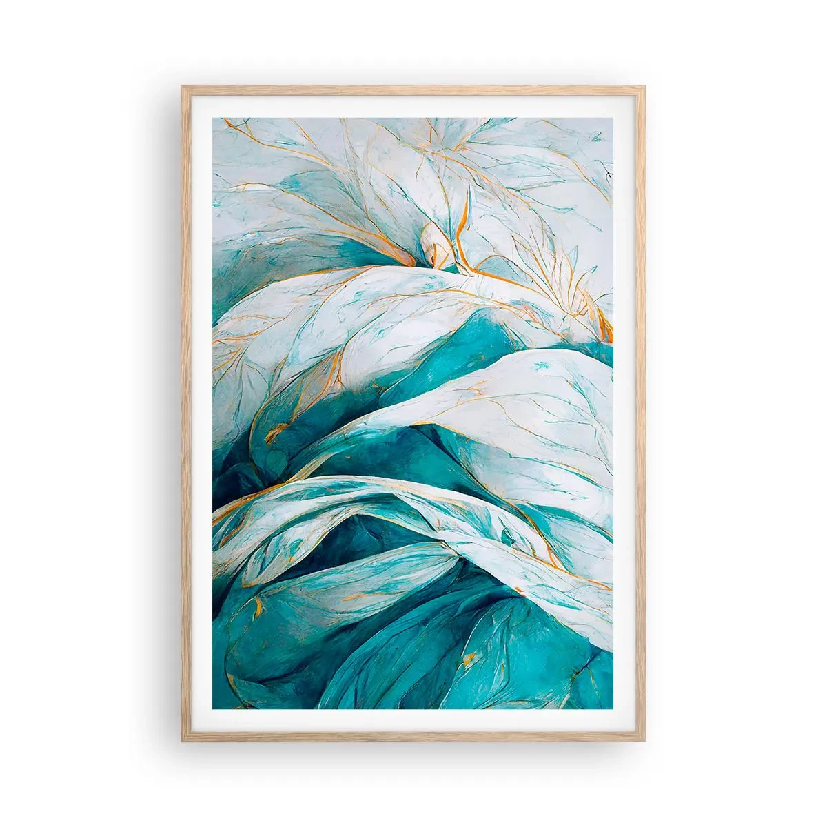 Affiche dans un chêne clair - Poster - Abstraction bleue avec un motif doré - 70x100 cm