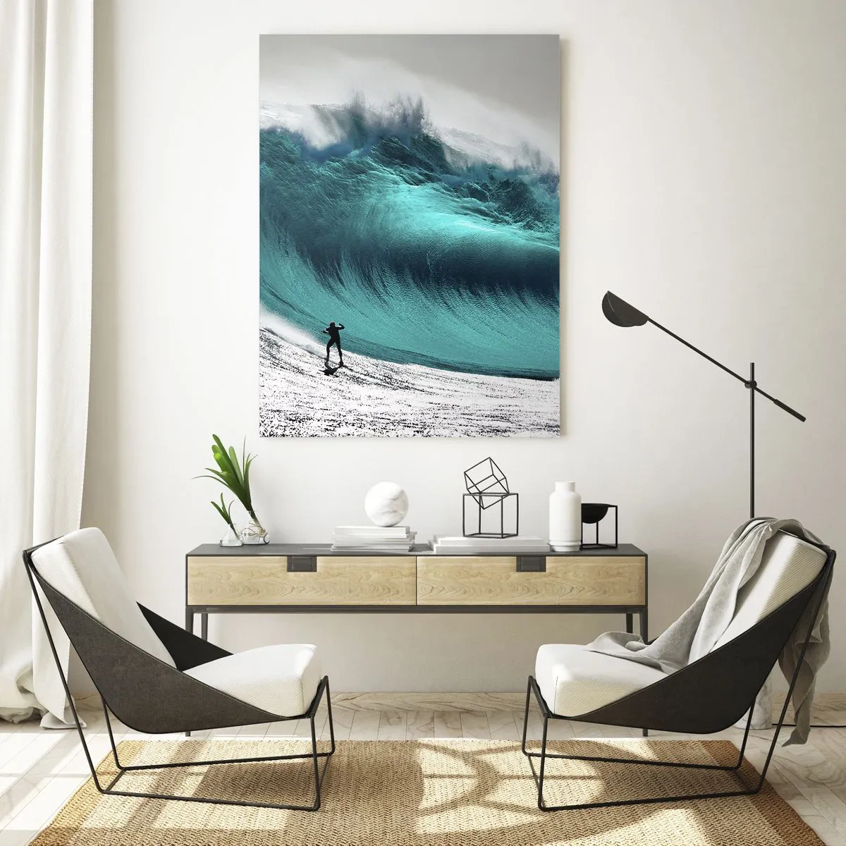 Impression sur verre - Image sur verre - Un surfeur devant une énorme vague - 50x70cm - Challenge accepté - Décoration murale moderne pour le salon et la chambre ARTTOR