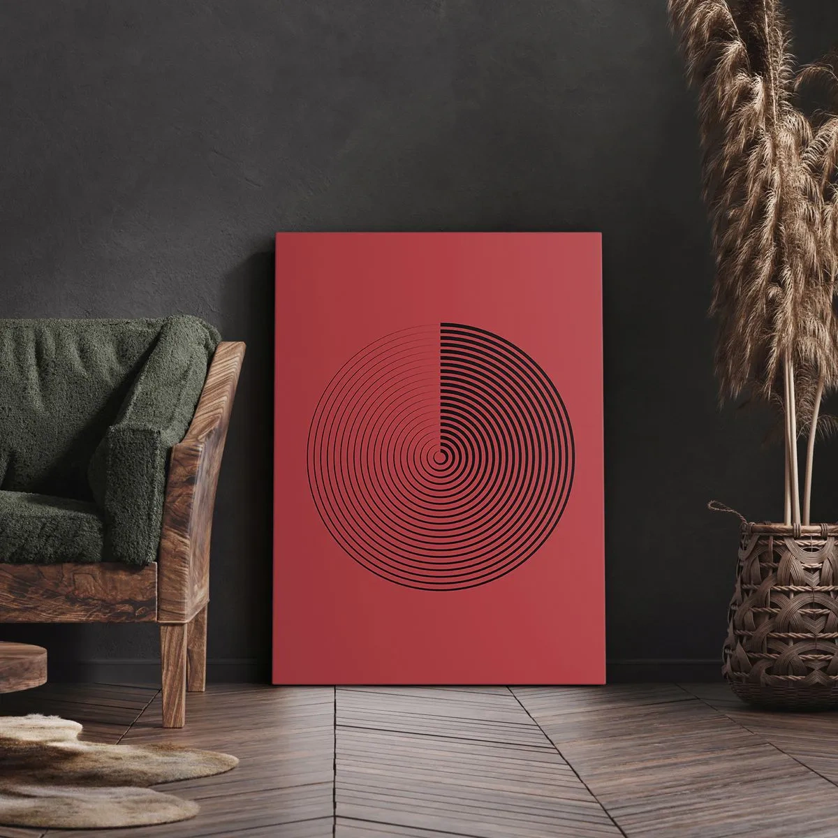 Impression sur toile - Image sur toile - Cercles concentriques sur fond rouge - 80x120cm - Mouvement circulaire - Décoration murale moderne pour le salon et la chambre ARTTOR