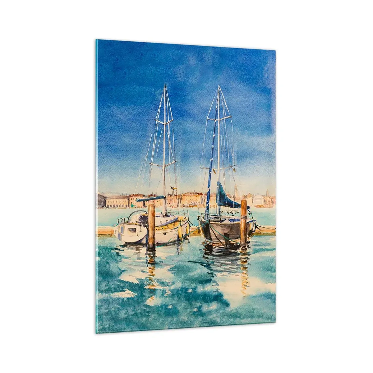 Impression sur verre - Image sur verre - Marina avec bateaux sur fond de lagon bleu - 70x100cm - Lagune ensoleillée - Décoration murale moderne pour le salon et la chambre ARTTOR