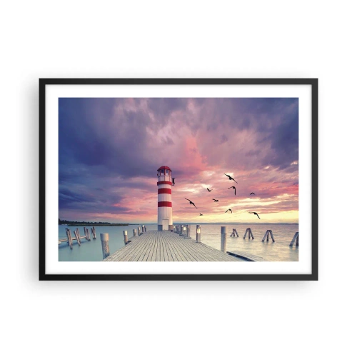 Affiche dans un cadre noir - Poster - Un phare sur la jetée entouré d'un coucher de soleil pittoresque - 70x50cm - C'est l'heure d'aller au port - Décoration murale moderne pour le salon et la chambre ARTTOR
