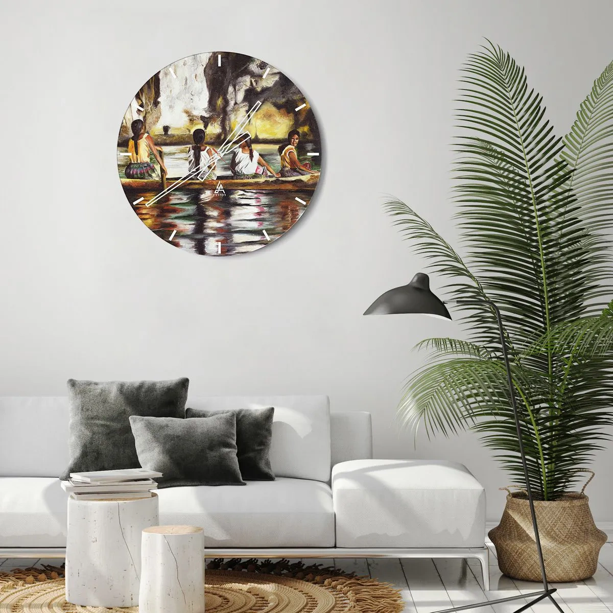 Horloge murale - Pendule murale - Femmes sur un bateau dans un paysage tropical avec de l'eau et des rochers - 30x30cm - Dans un paradis polynésien - Décoration murale moderne pour le salon, la cuisine et la chambre ARTTOR