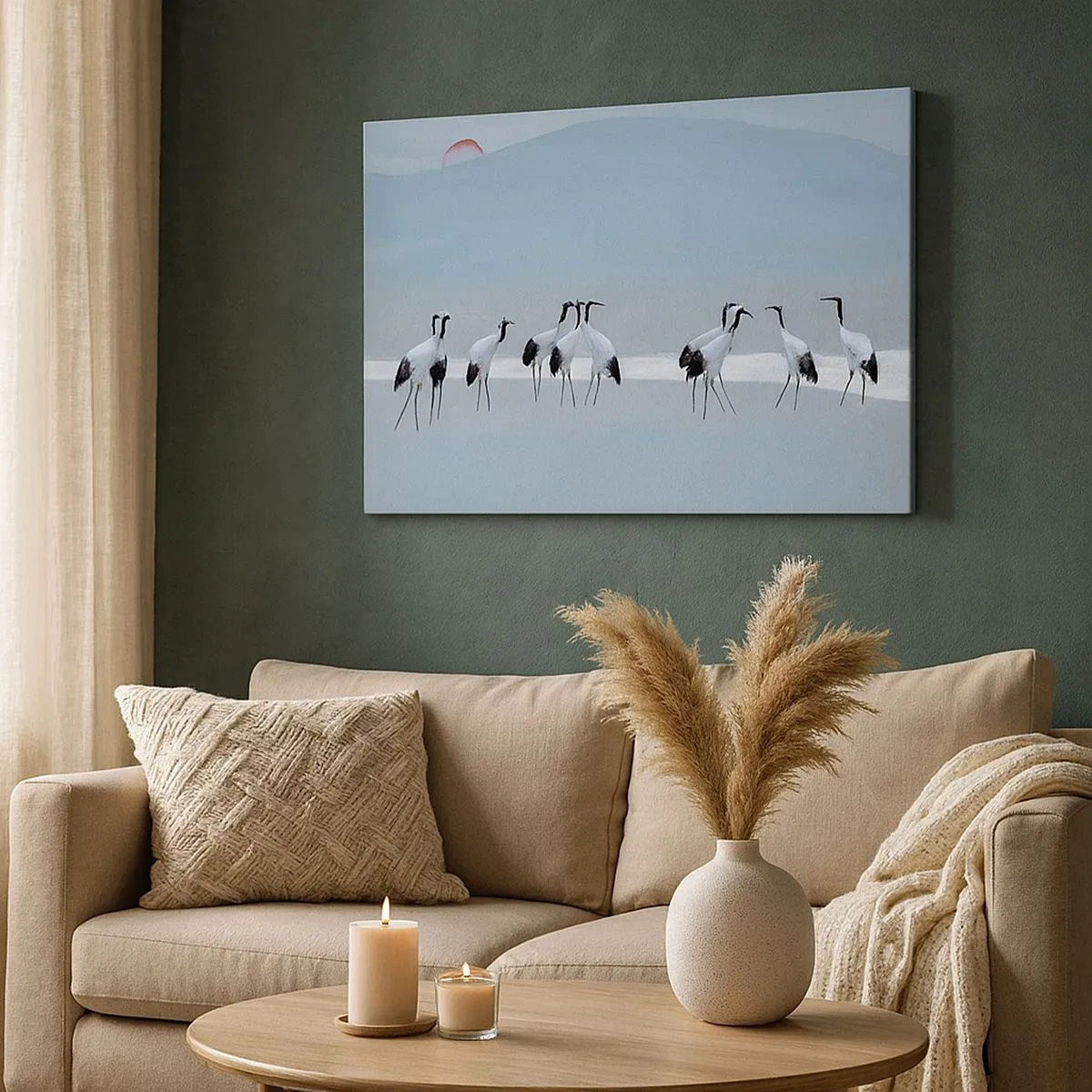 Impression sur toile - Image sur toile - Un groupe de grues contre un ciel bleu et le soleil levant - 70x50cm - Après une chaude journée - Décoration murale moderne pour le salon et la chambre ARTTOR
