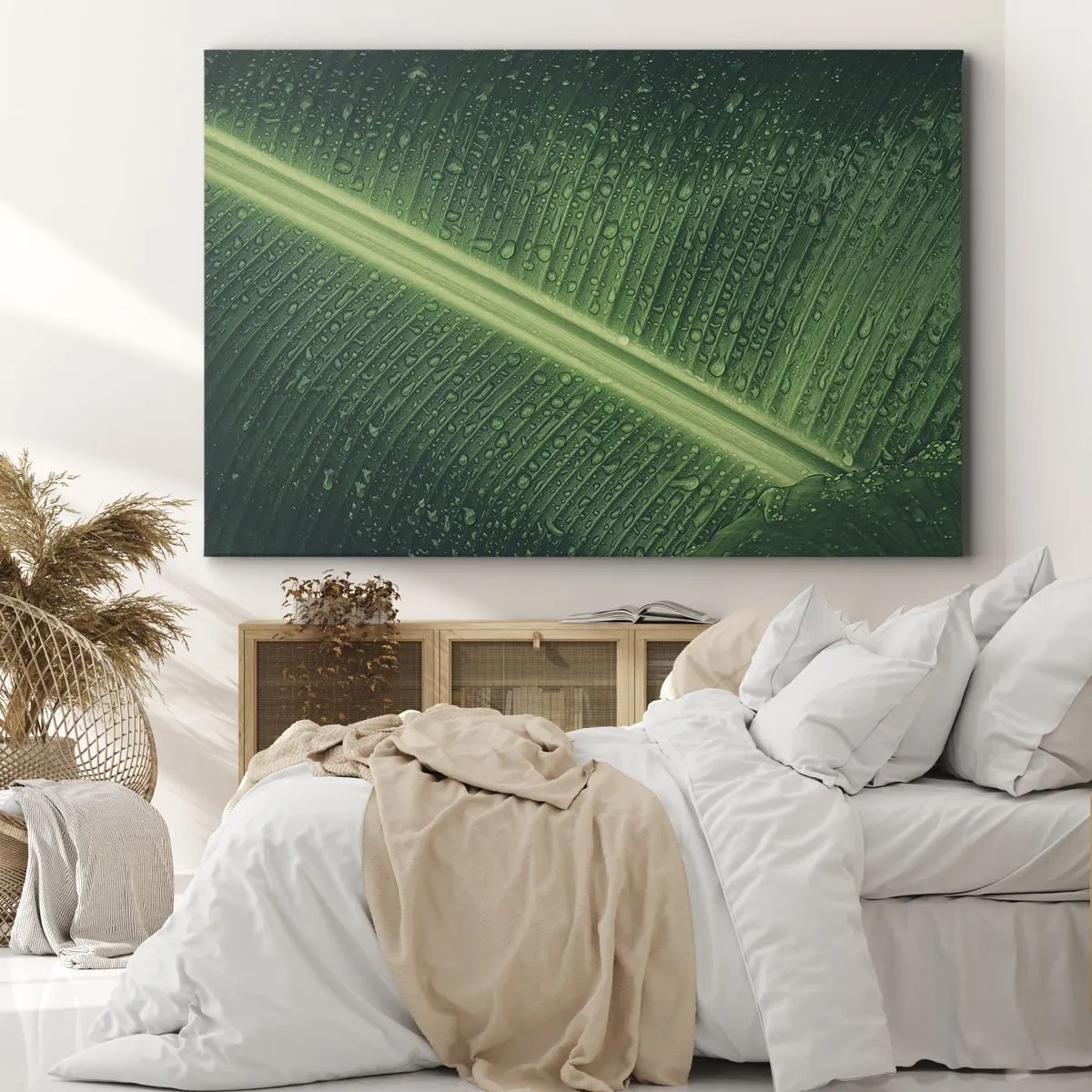 Impression sur toile - Image sur toile - Une feuille verte avec des gouttes d'eau à sa surface - 70x50cm - Structure de vert - Décoration murale moderne pour le salon et la chambre ARTTOR