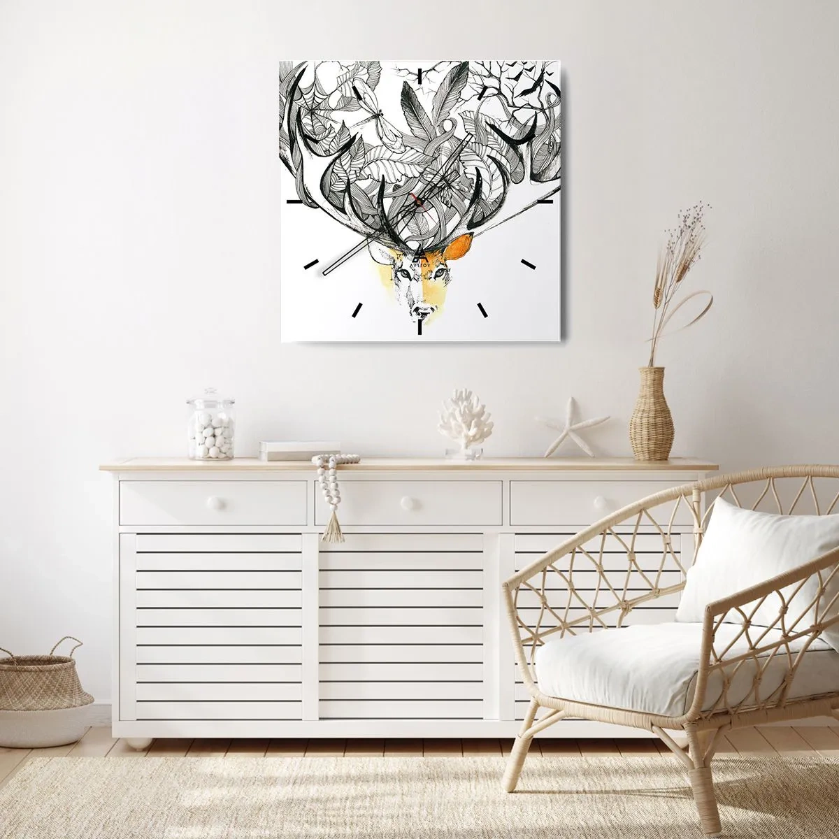 Horloge murale - Pendule murale - Motif subtil de cerf avec bois décoratifs - 30x30cm - Corne d'abondance - Décoration murale moderne pour le salon et la chambre ARTTOR