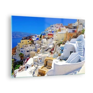 Impression sur verre - Image sur verre - Santorin avec des maisons blanches contre un ciel bleu - 70x50cm - Le rêve d'un été grec - Décoration murale moderne pour le salon et la chambre ARTTOR