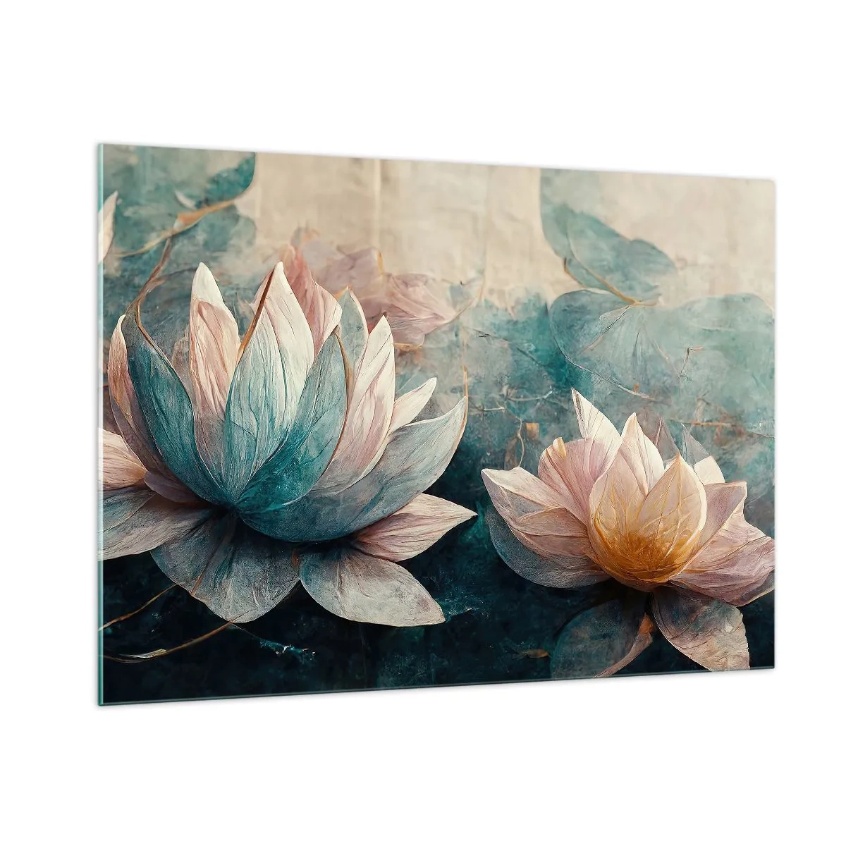Impression sur verre - Image sur verre - Représentation artistique de fleurs de lotus sur fond de feuilles d'eau. - 100x70cm - Les étoiles du lac - Décoration murale moderne pour le salon et la chambre ARTTOR