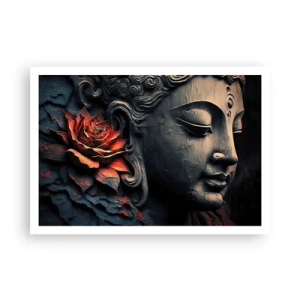 Affiche - Poster - Sculpture de Bouddha avec une fleur de lotus rouge - 100x70cm - En harmonie avec le monde - Décoration murale moderne pour le salon et la chambre ARTTOR