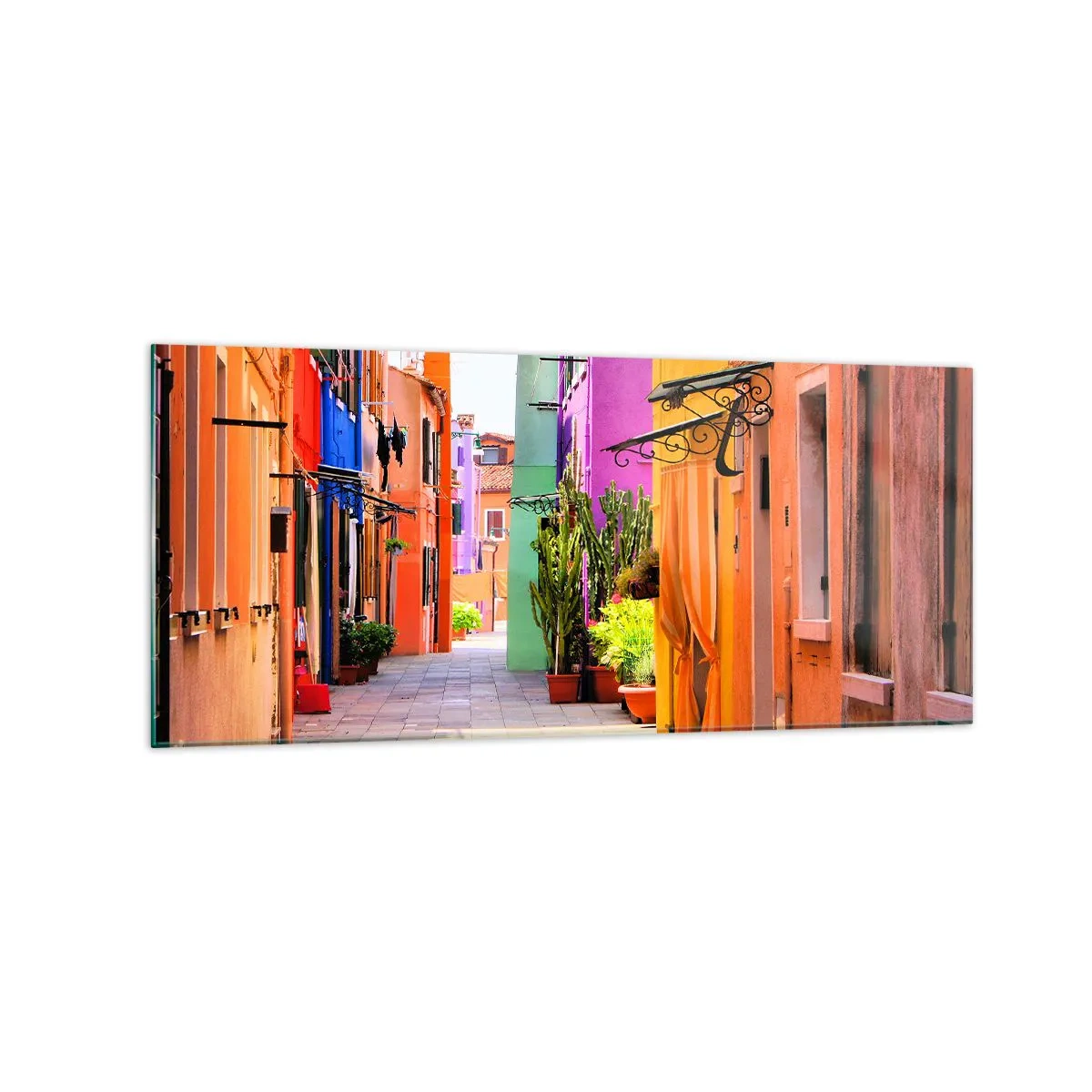 Impression sur verre - Image sur verre - Une rue colorée avec des immeubles aux tons clairs - 120x50cm - Allée arc-en-ciel - Décoration murale moderne pour le salon et la chambre ARTTOR