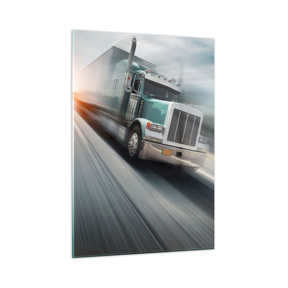 Impression sur verre - Image sur verre - Camion sur l'autoroute au coucher du soleil - 50x70cm - Le géant américain est en fuite - Décoration murale moderne pour le salon et la chambre ARTTOR