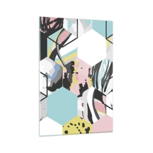 Impression sur verre - Image sur verre - Motif hexagonal géométrique avec des détails abstraits colorés - 70x100cm - Hexagones et cubes en six couleurs - Décoration murale moderne pour le salon et la chambre ARTTOR