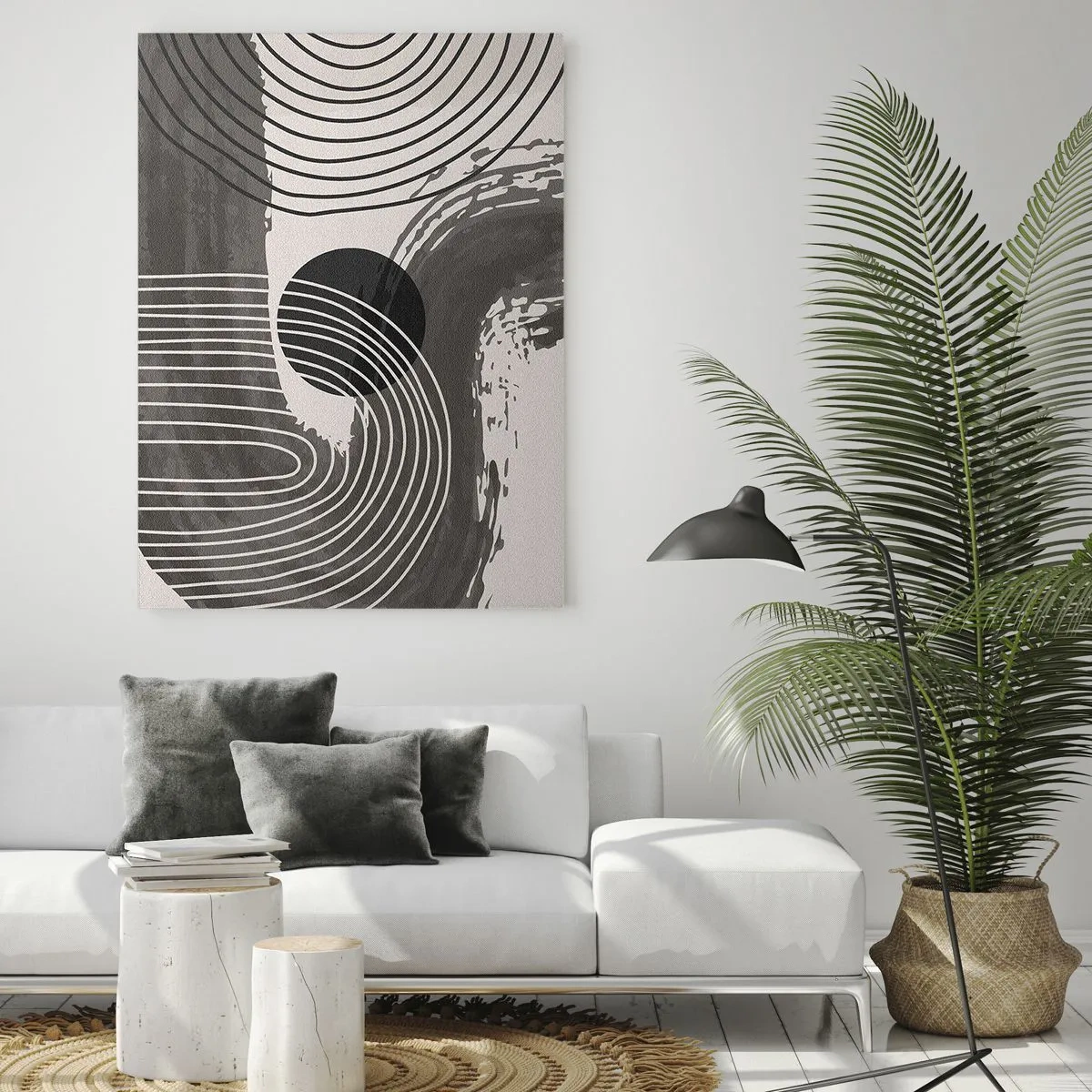 Impression sur verre - Image sur verre - Abstraction moderne avec des lignes noires et blanches et un ovale - 50x70cm - L'ovale gagne - Décoration murale moderne pour le salon et la chambre ARTTOR