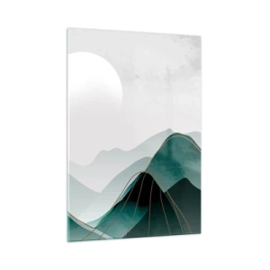 Impression sur verre - Image sur verre - Paysage de montagne avec un soleil blanc et des lignes dorées - 50x70cm - En pleine majesté - Décoration murale moderne pour le salon et la chambre ARTTOR