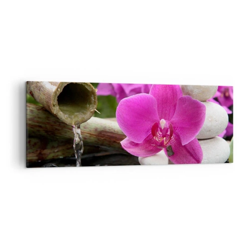 Impression sur toile - Image sur toile - Orchidée violette, pierres et bambou avec de l'eau dans un cadre relaxant - 140x50cm - Tu te reposes déjà - Décoration murale moderne pour le salon et la chambre ARTTOR