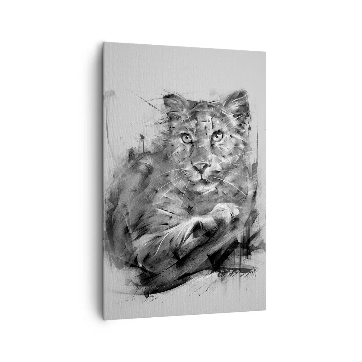 Impression sur toile - Image sur toile - Portrait noir et blanc d'un lion dans un style artistique avec des traits dynamiques. - 80x120cm - Oui, j'écoute attentivement - Décoration murale moderne pour le salon et la chambre ARTTOR