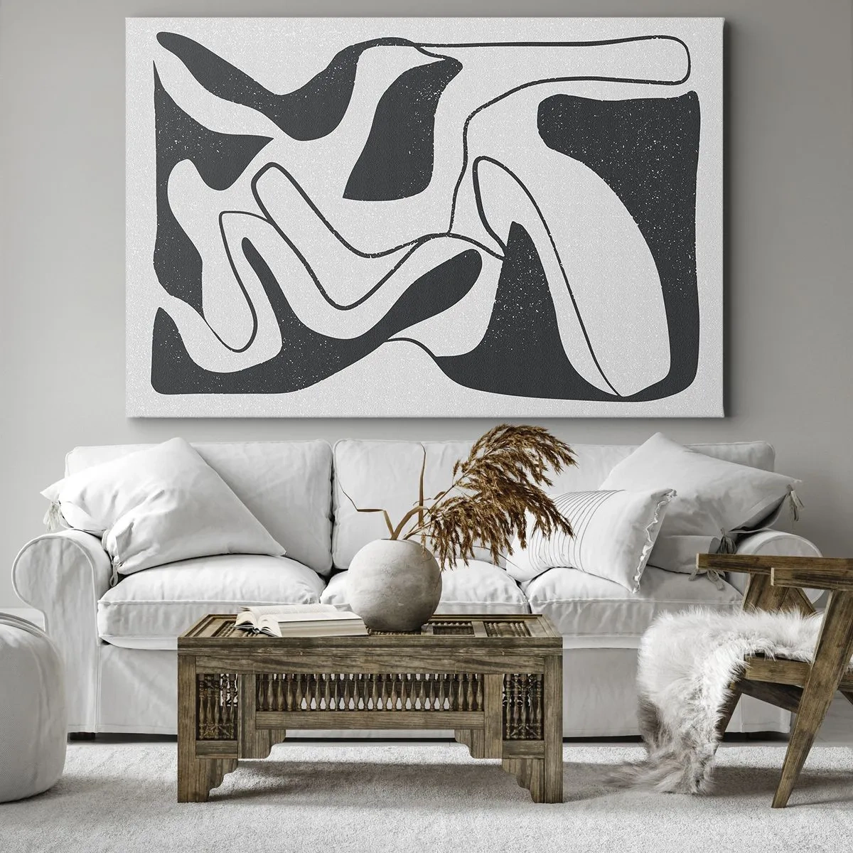 Impression sur toile - Image sur toile - Abstraction en noir et blanc avec des formes organiques - 70x50cm - Amusement de labyrinthe abstrait - Décoration murale moderne pour le salon et la chambre ARTTOR