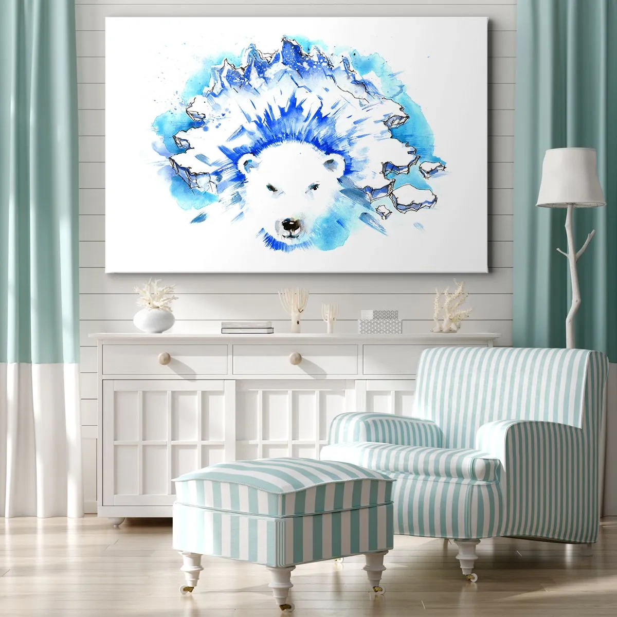 Impression sur toile - Image sur toile - Aquarelle artistique représentant un ours polaire avec un motif glacé - 100x70cm - Le roi de l'Arctique dans une couronne de glace - Décoration murale moderne pour le salon et la chambre ARTTOR
