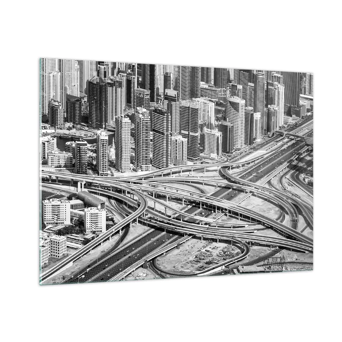 Impression sur verre - Image sur verre - Panorama noir et blanc de la ville avec un carrefour autoroutier - 100x70cm - Dubaï - la ville impossible - Décoration murale moderne pour le salon et la chambre ARTTOR