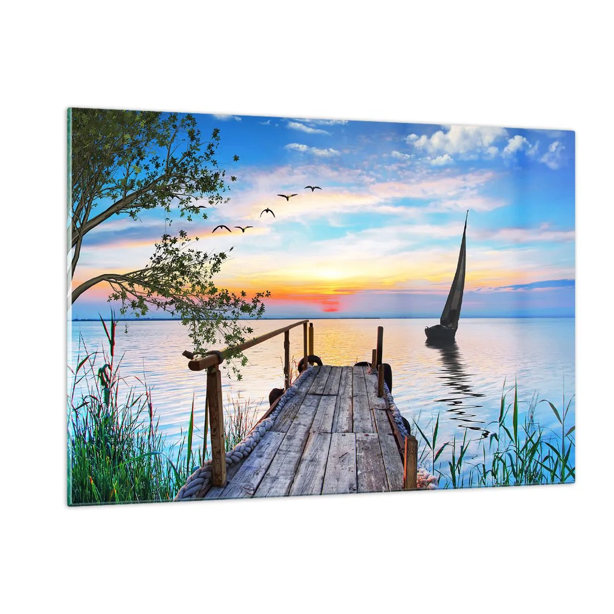 Impression sur verre - Image sur verre - Une jetée au bord du lac au coucher du soleil avec un voilier en arrière-plan - 120x80cm - Bonsoir! - Décoration murale moderne pour le salon et la chambre ARTTOR