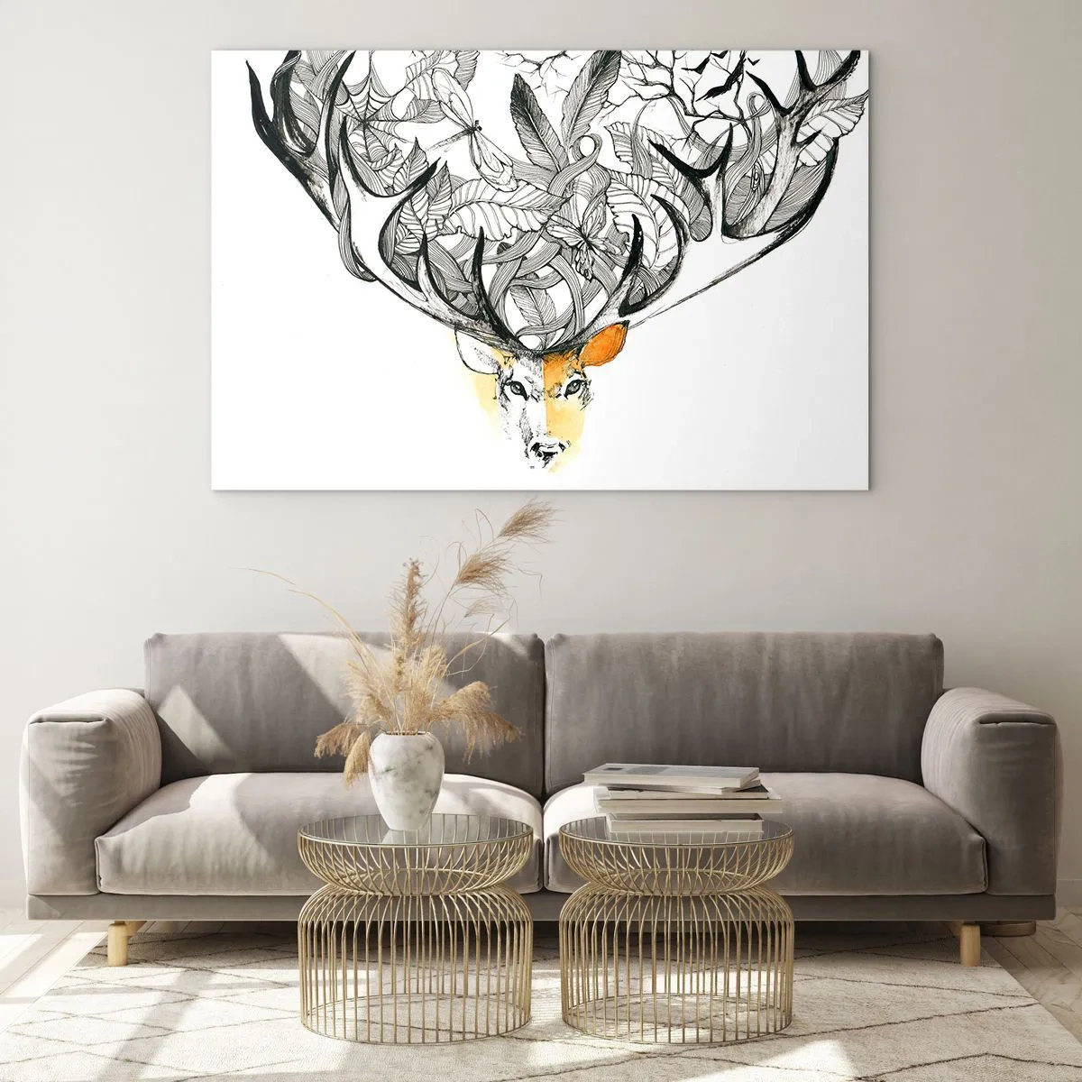 Impression sur verre - Image sur verre - Dessin d'un cerf avec des bois fantaisie - 100x70cm - Corne d'abondance - Décoration murale moderne pour le salon et la chambre ARTTOR