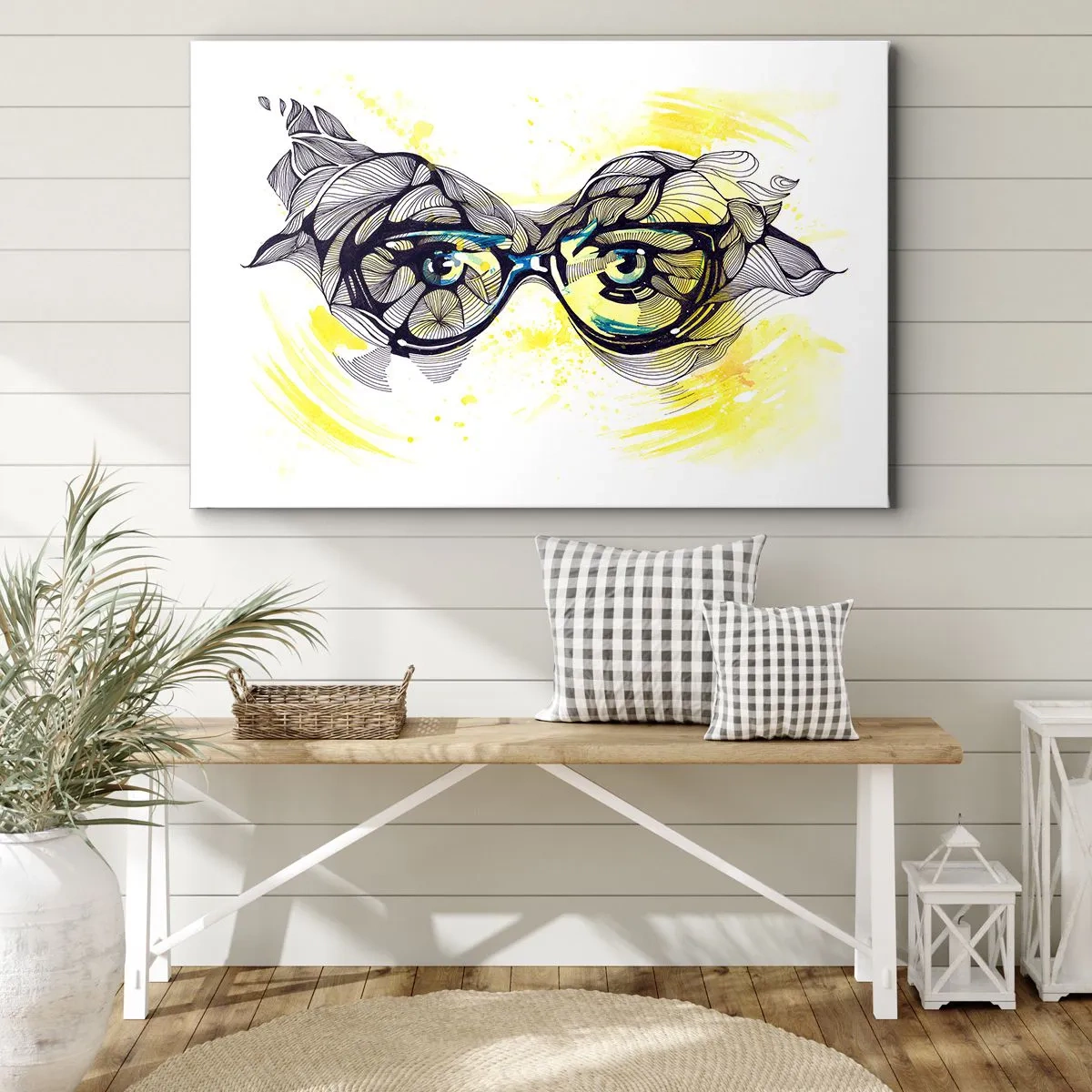Impression sur toile - Image sur toile - Graphiques artistiques de lunettes aux yeux expressifs - 70x50cm - À travers des lunettes bleues - Décoration murale moderne pour le salon et la chambre ARTTOR
