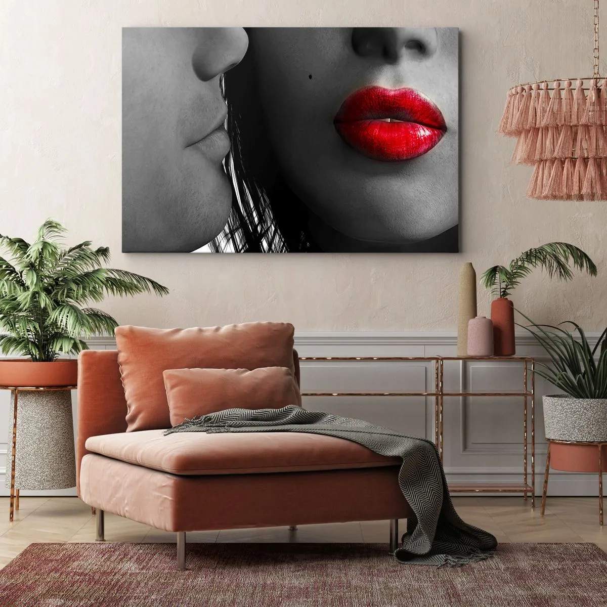Impression sur toile - Image sur toile - Gros plan des visages d'une femme et d'un homme aux lèvres rouges. - 70x50cm - Face à face - Décoration murale moderne pour le salon et la chambre ARTTOR