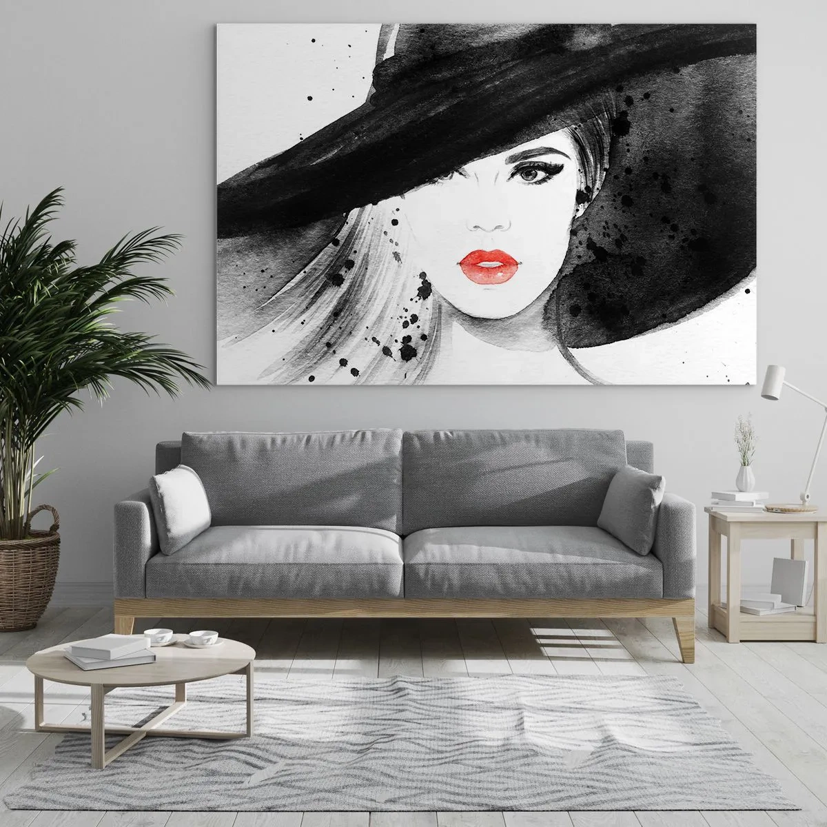 Impression sur verre - Image sur verre - Portrait d'une femme au chapeau noir et aux lèvres rouges - 120x80cm - Dame en noir - Décoration murale moderne pour le salon et la chambre ARTTOR