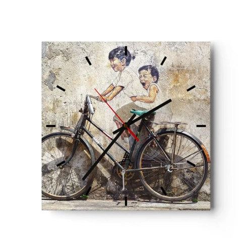 Horloge murale - Pendule murale - Street art avec un vélo et des dessins d'enfants sur le mur - 30x30cm - Vrai ou faux? - Décoration murale moderne pour le salon et la chambre ARTTOR