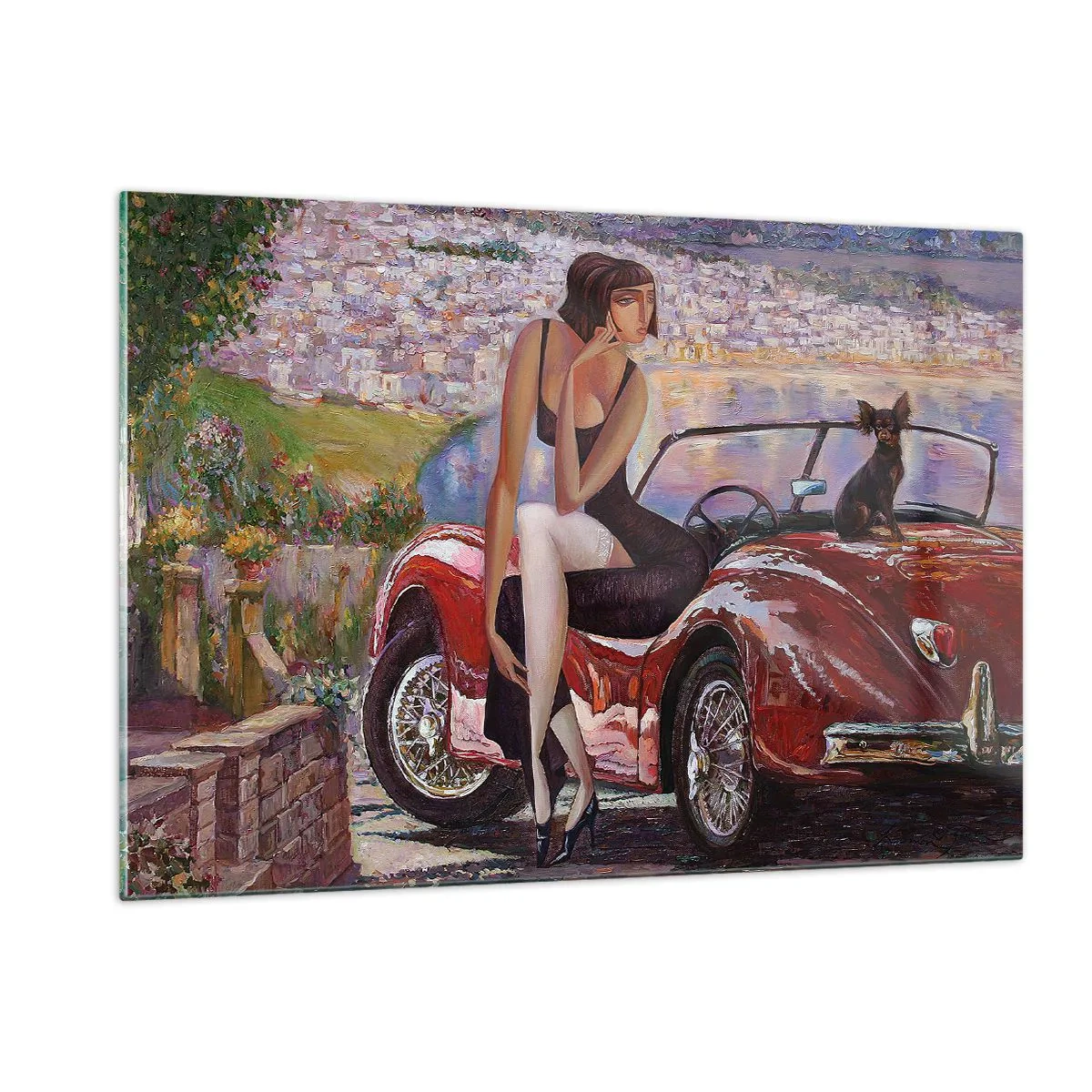 Impression sur verre - Image sur verre - Une femme et un chien près d'une voiture rouge avec un paysage en arrière-plan. - 120x80cm - L'été? Uniquement sur la Côte d'Azur - Décoration murale moderne pour le salon et la chambre ARTTOR