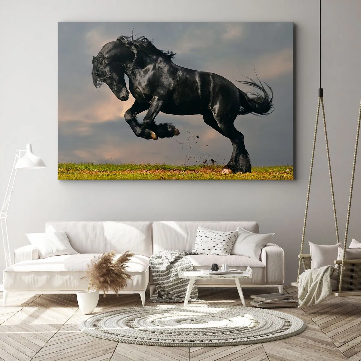 Impression sur toile - Image sur toile - Un cheval noir dans un saut dynamique contre le ciel - 100x70cm - Beau et libre - Décoration murale moderne pour le salon et la chambre ARTTOR