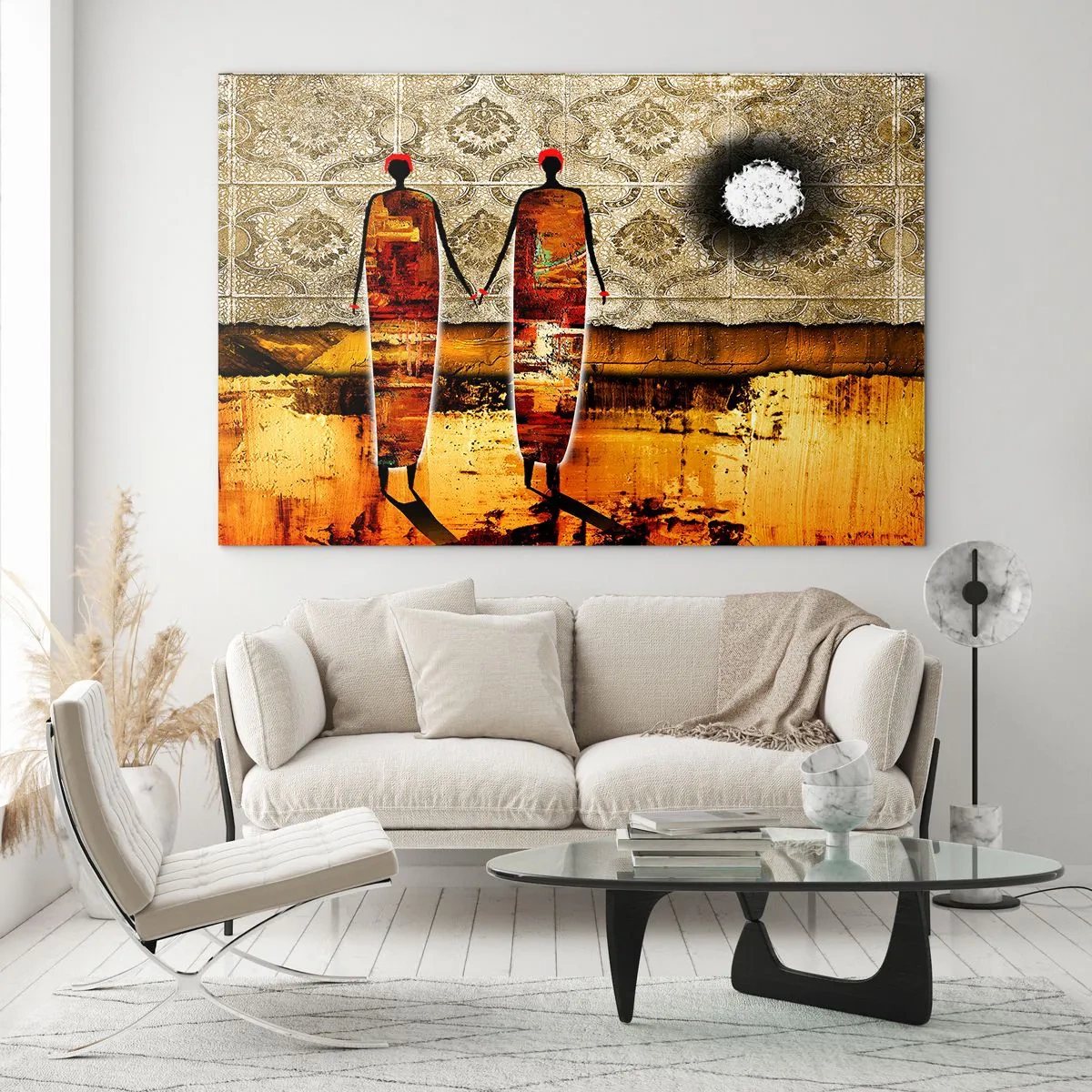 Impression sur verre - Image sur verre - Deux figures abstraites sur un fond d'ornement et de nuances dorées - 120x80cm - Composition ethnique aux couleurs de l'Afrique - Décoration murale moderne pour le salon et la chambre ARTTOR