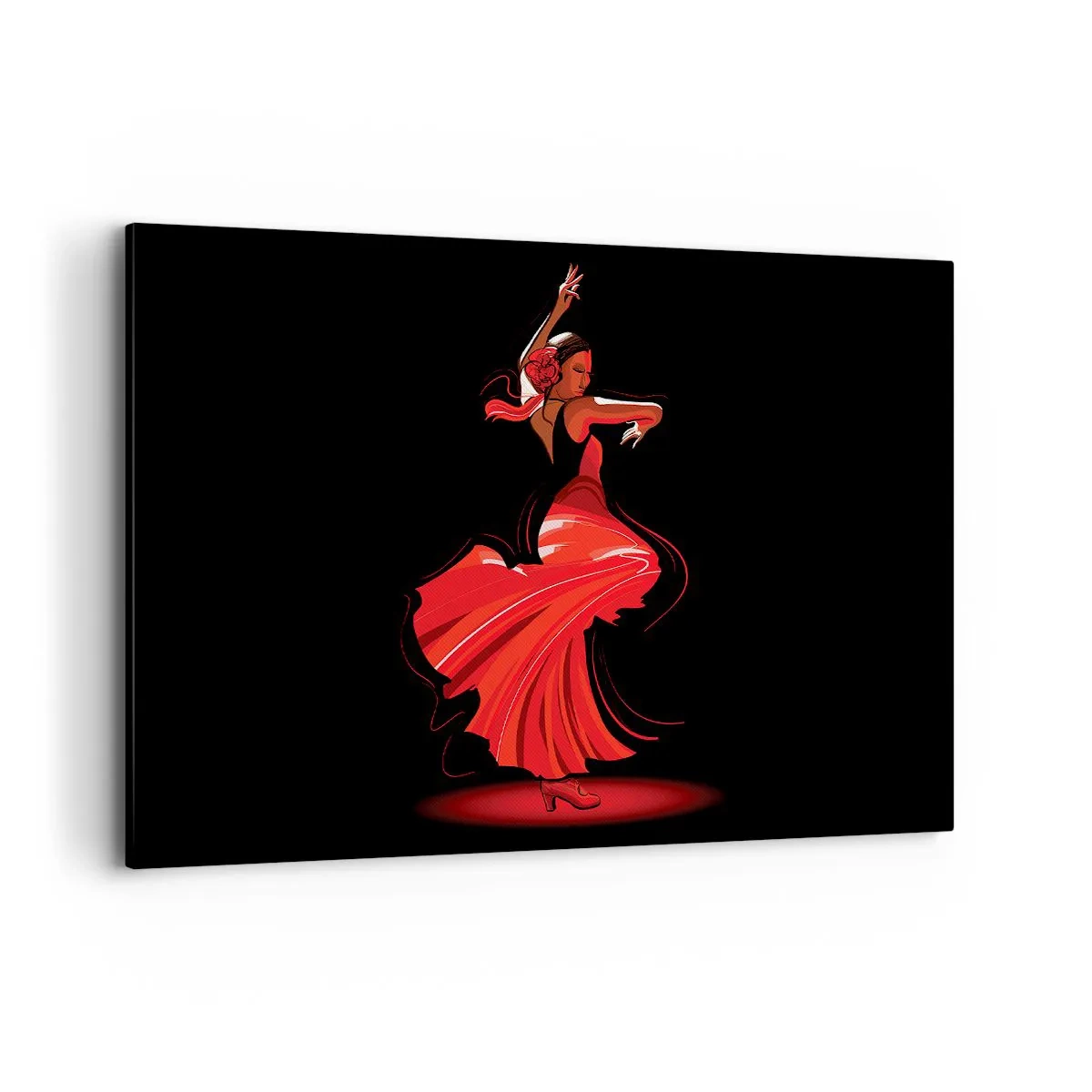 Impression sur toile - Image sur toile - Danseuse de flamenco en robe rouge sur fond noir - 120x80cm - L'esprit fougueux du flamenco - Décoration murale moderne pour le salon et la chambre ARTTOR