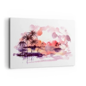 Impression sur toile - Image sur toile - Paysage tropical avec palmiers au coucher du soleil à l'aquarelle - 120x80cm - La tranquillité des tropiques en rouge - Décoration murale moderne pour le salon et la chambre ARTTOR