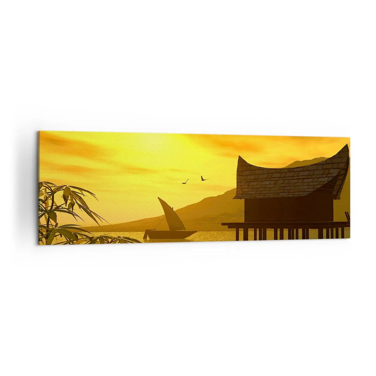 Impression sur toile - Image sur toile - Coucher de soleil tropical sur l'eau avec une maison en bois sur pilotis. - 160x50cm - La paix tant désirée - Décoration murale moderne pour le salon et la chambre ARTTOR