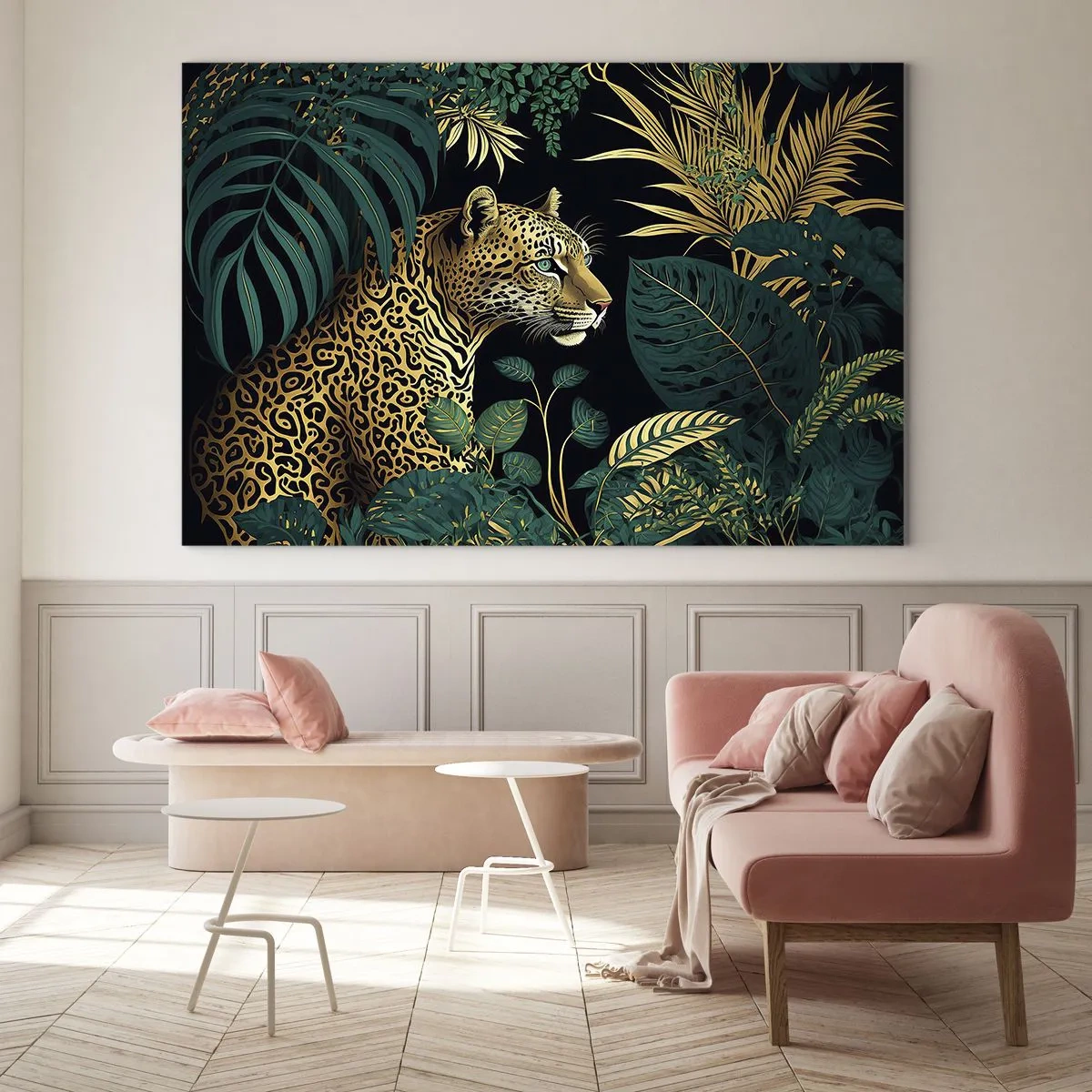 Impression sur verre - Image sur verre - Un léopard parmi des feuilles tropicales sur un fond sombre - 70x50cm - Un hôte dans la jungle - Décoration murale moderne pour le salon et la chambre ARTTOR