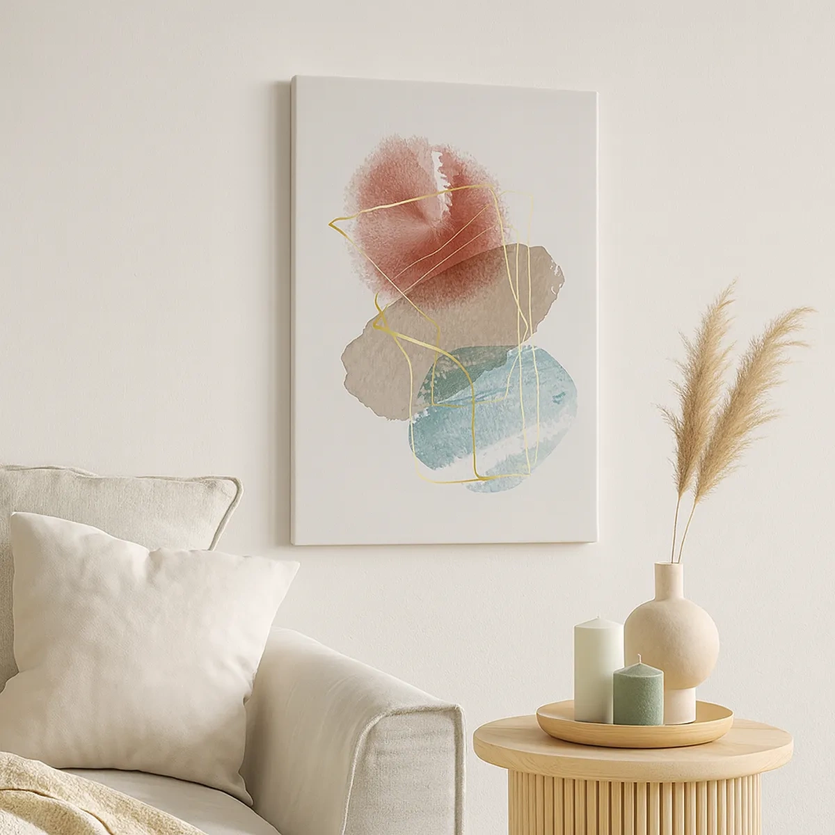 Impression sur toile - Image sur toile - Formes abstraites aux couleurs délicates et aux lignes dorées - 50x70cm - Coraux de l'espace - Décoration murale moderne pour le salon et la chambre ARTTOR