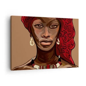 Impression sur toile - Image sur toile - Portrait d'une femme au turban rouge sur fond beige - 70x50cm - Vénus d'ébène - Décoration murale moderne pour le salon et la chambre ARTTOR