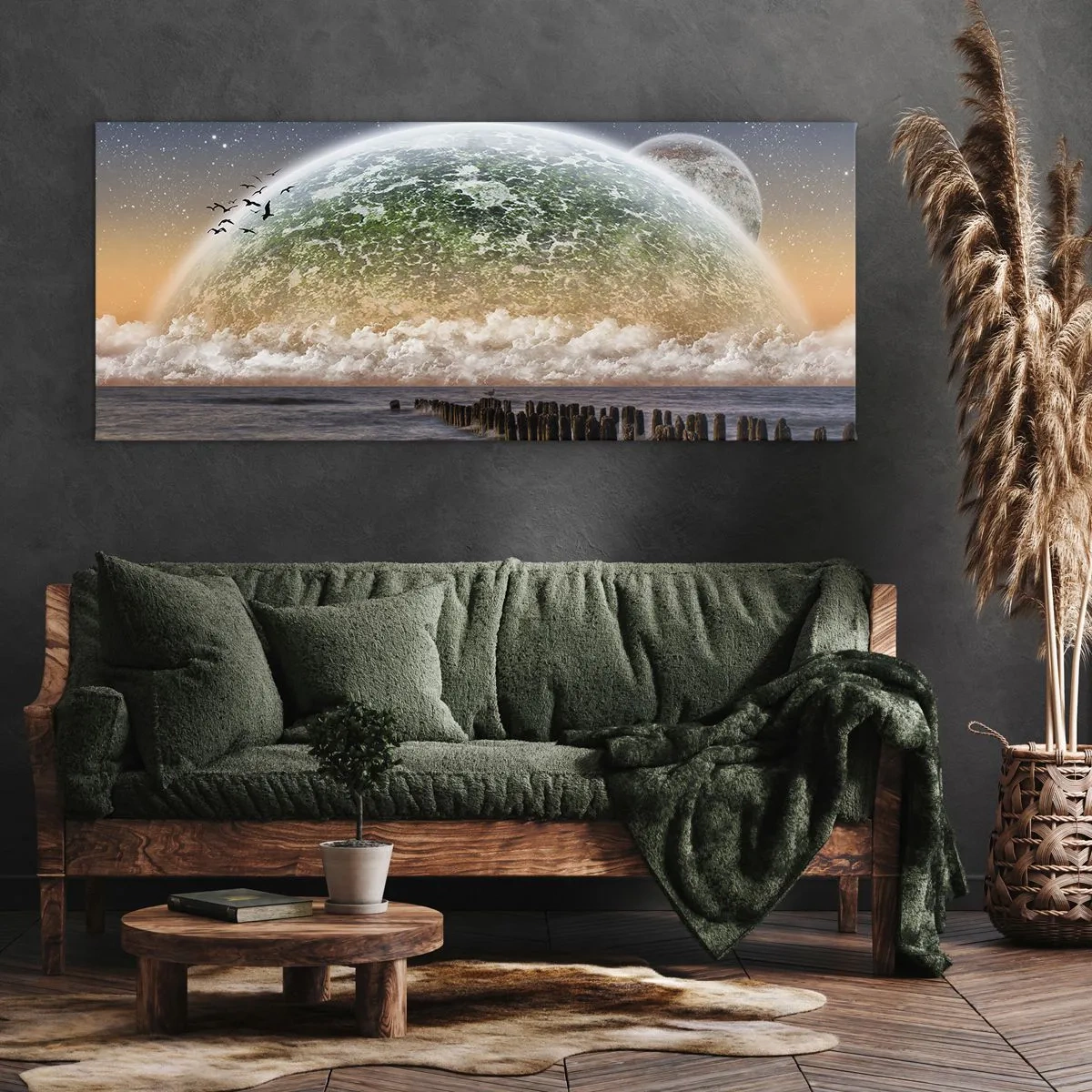 Impression sur toile - Image sur toile - Un paysage fantastique avec une grande planète au-dessus de la mer et une jetée en bois. - 120x50cm - Et le monde est sorti de l'eau - Décoration murale moderne pour le salon et la chambre ARTTOR