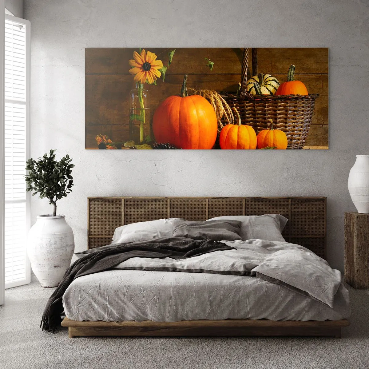 Impression sur verre - Image sur verre - Composition d'automne avec citrouilles et fleurs sur fond de bois - 120x50cm - Une composition rustique - cadeaux d'automne - Décoration murale moderne pour le salon et la chambre ARTTOR