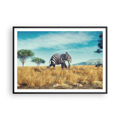 Affiche dans un cadre noir - Poster - Zèbre dans un paysage africain - 100x70cm - Le gris n'est déjà plus à la mode - Décoration murale moderne pour le salon et la chambre ARTTOR