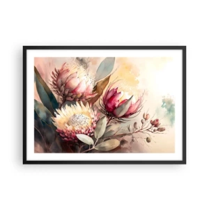 Affiche dans un cadre noir - Poster - Fleurs de Protea aux tons pastel délicats - 70x50cm - De profil et de face - Décoration murale moderne pour le salon et la chambre ARTTOR