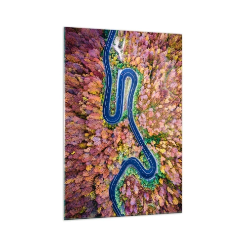 Impression sur verre - Image sur verre - Une route sinueuse dans une forêt d'automne vue à vol d'oiseau - 70x100cm - Route sinueuse à travers la forêt - Décoration murale moderne pour le salon et la chambre ARTTOR