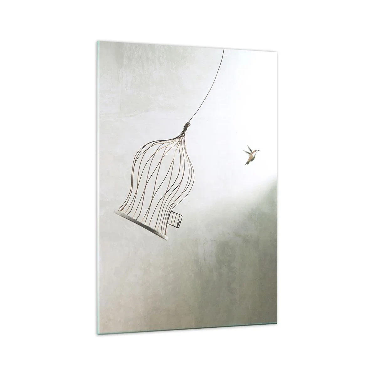 Impression sur verre - Image sur verre - Un oiseau libéré d'une cage sur fond de ciel lumineux - 70x100cm - Dans son élément - Décoration murale moderne pour le salon et la chambre ARTTOR