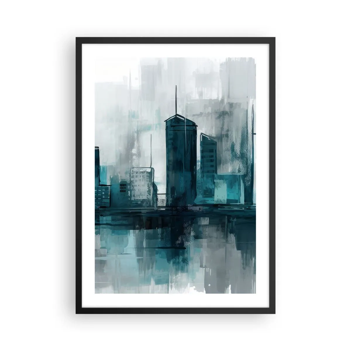 Affiche dans un cadre noir - Poster - Un panorama urbain moderne dans des tons bleus - 50x70cm - Une ville couleur de pluie - Décoration murale moderne pour le salon et la chambre ARTTOR