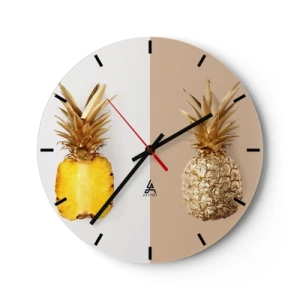 Horloge murale - Pendule murale - Un ananas doré et sa coupe transversale sur un fond bicolore - 30x30cm - Ananas pour nous - Décoration murale moderne pour le salon, la cuisine et la chambre ARTTOR